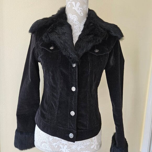 SB Jeans-NWOT Women's Black Rabbit Fur Corduroy Jacket size Small - Picture 1 of 9